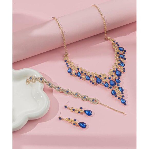 🆕Women Blue Crystal Jewelry Statement Choker Necklace Earrings Bracelets Set - Picture 4 of 6